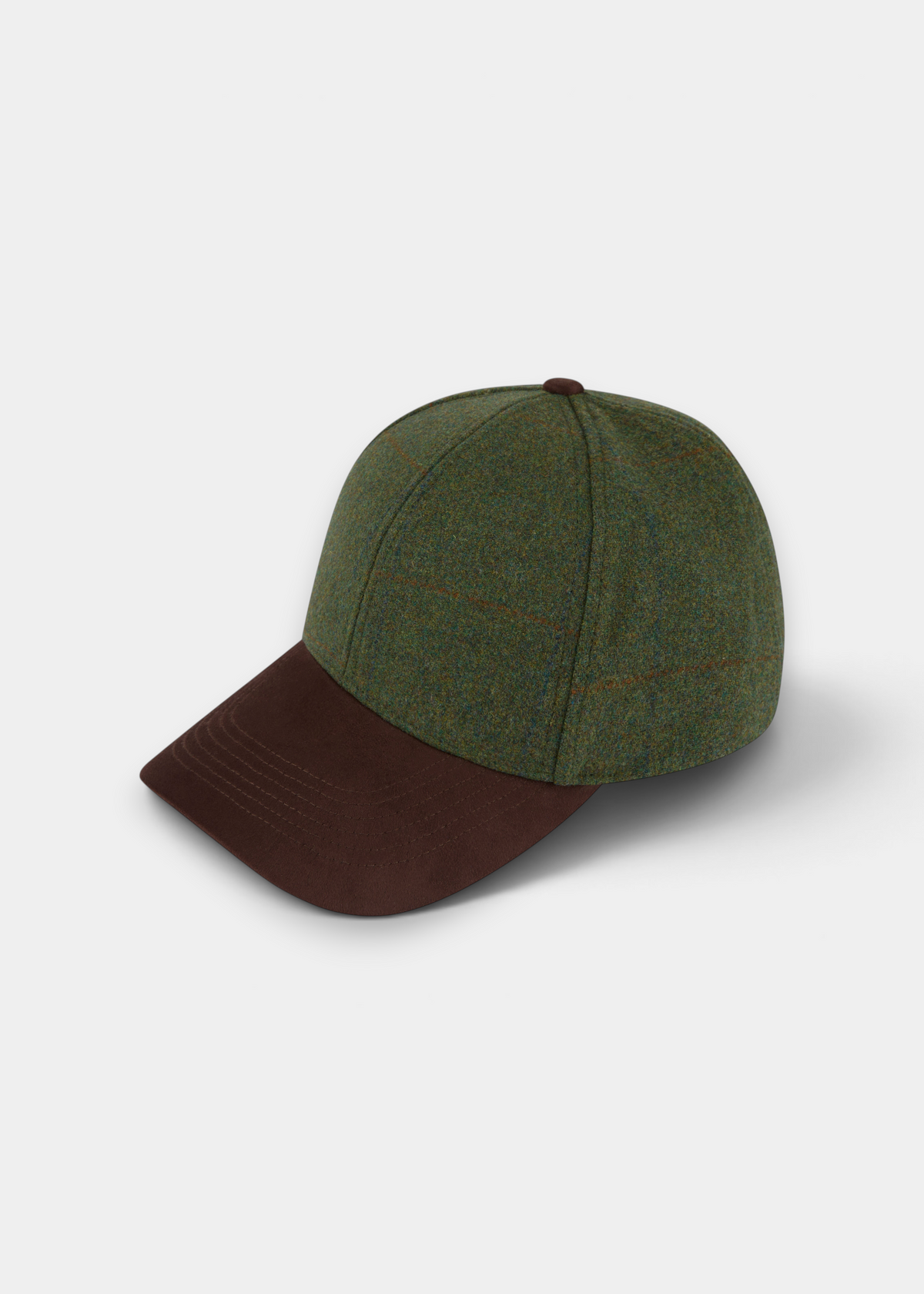 A baseball cap with an olive green and brown tweed crown and a solid dark brown visor, shown on a light gray background.