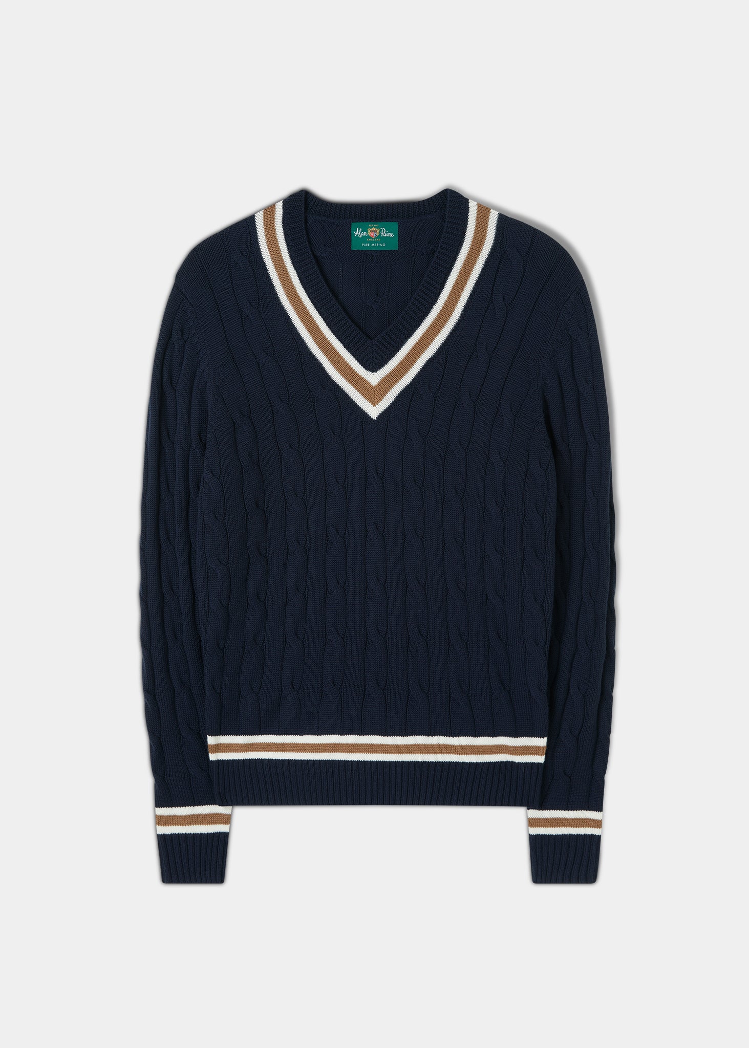Grafton Men's Merino Wool Cable Cricket Jumper In Navy - Regular Fit