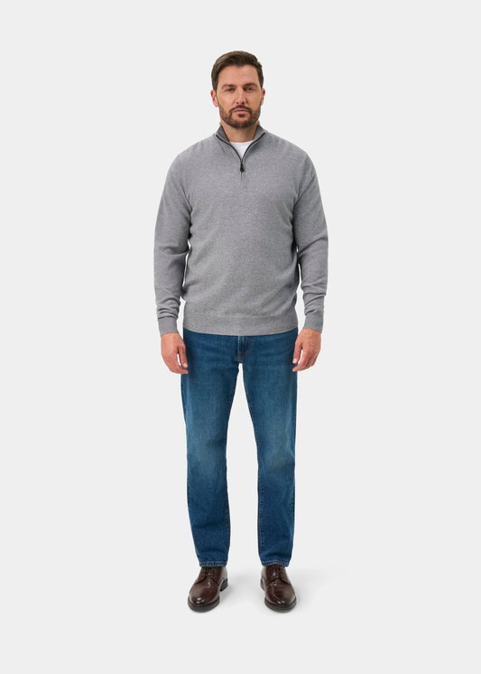 Hanbury Cashmere Zipped Mock Neck Jumper in Light Grey Mix - Regular Fit