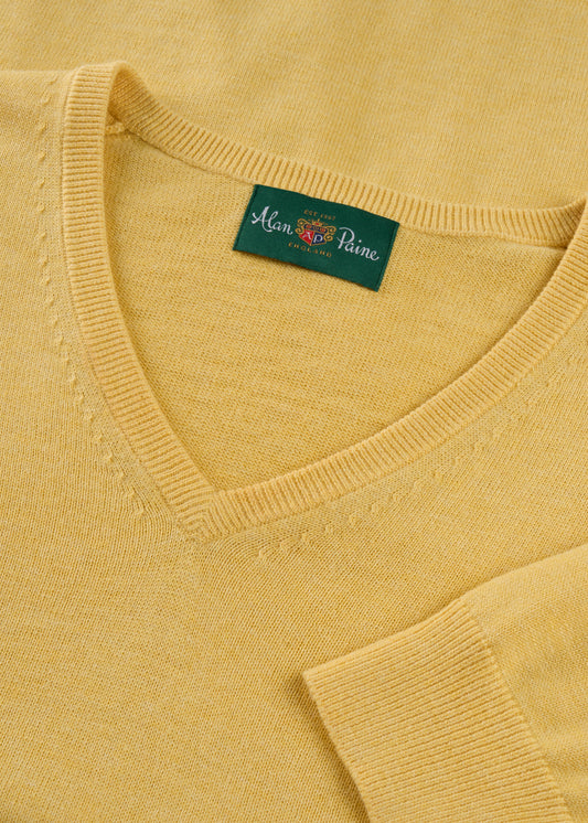 Men's Cotton Cashmere Vee Neck Jumper in Yellow