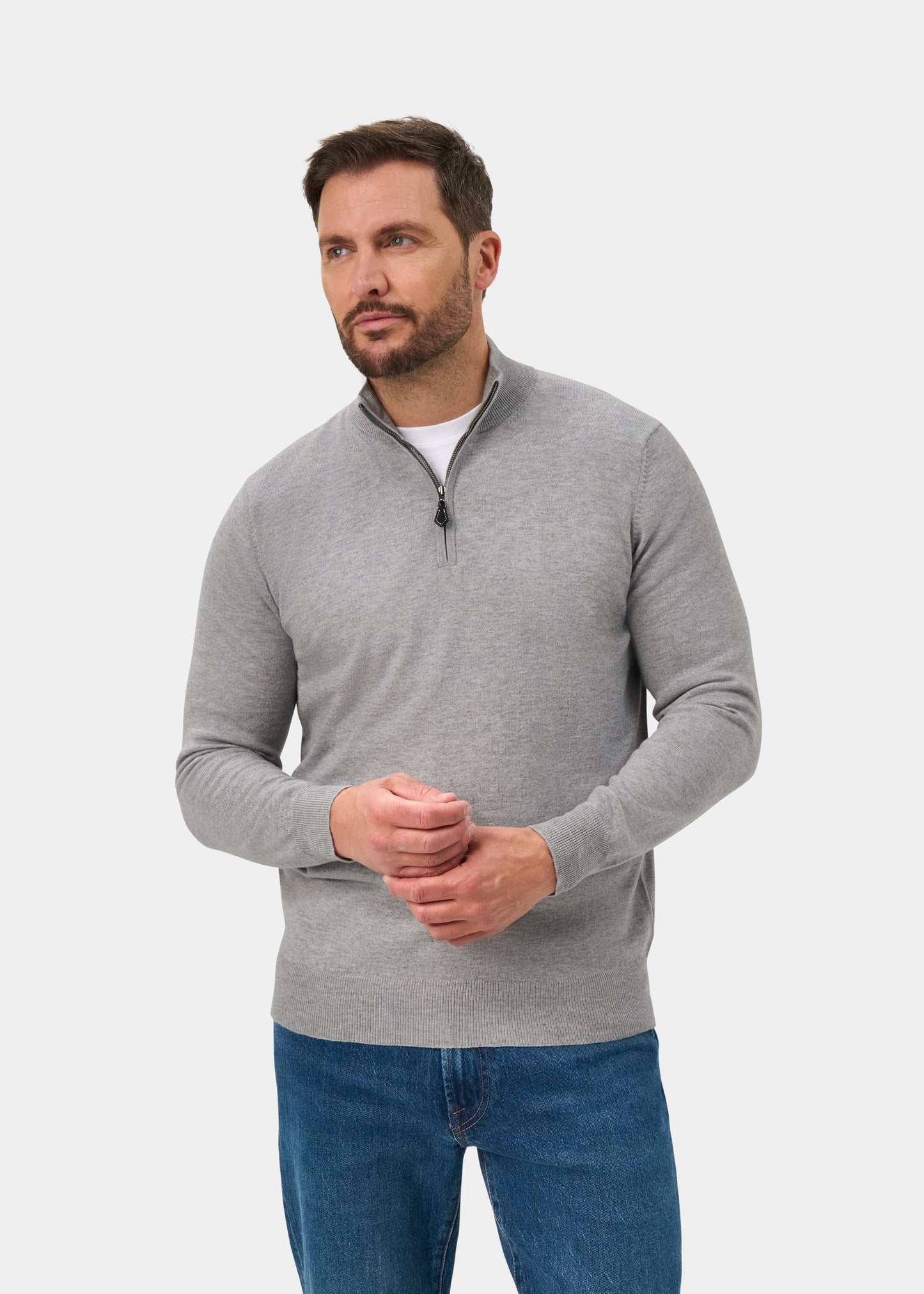 Ashfield 1/4 Zip Cotton Merino Jumper In Light Grey Mix