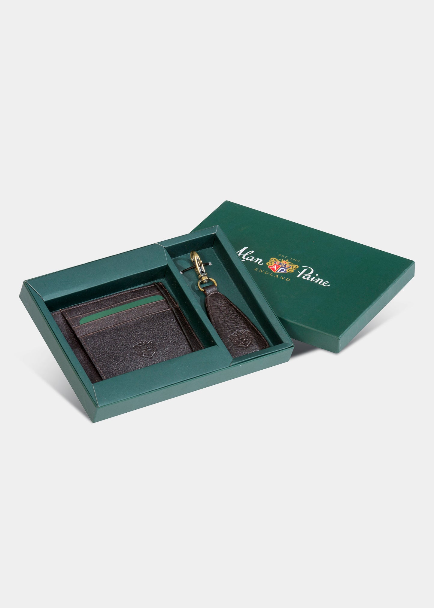 Brunt läderkortplånbok och nyckelring