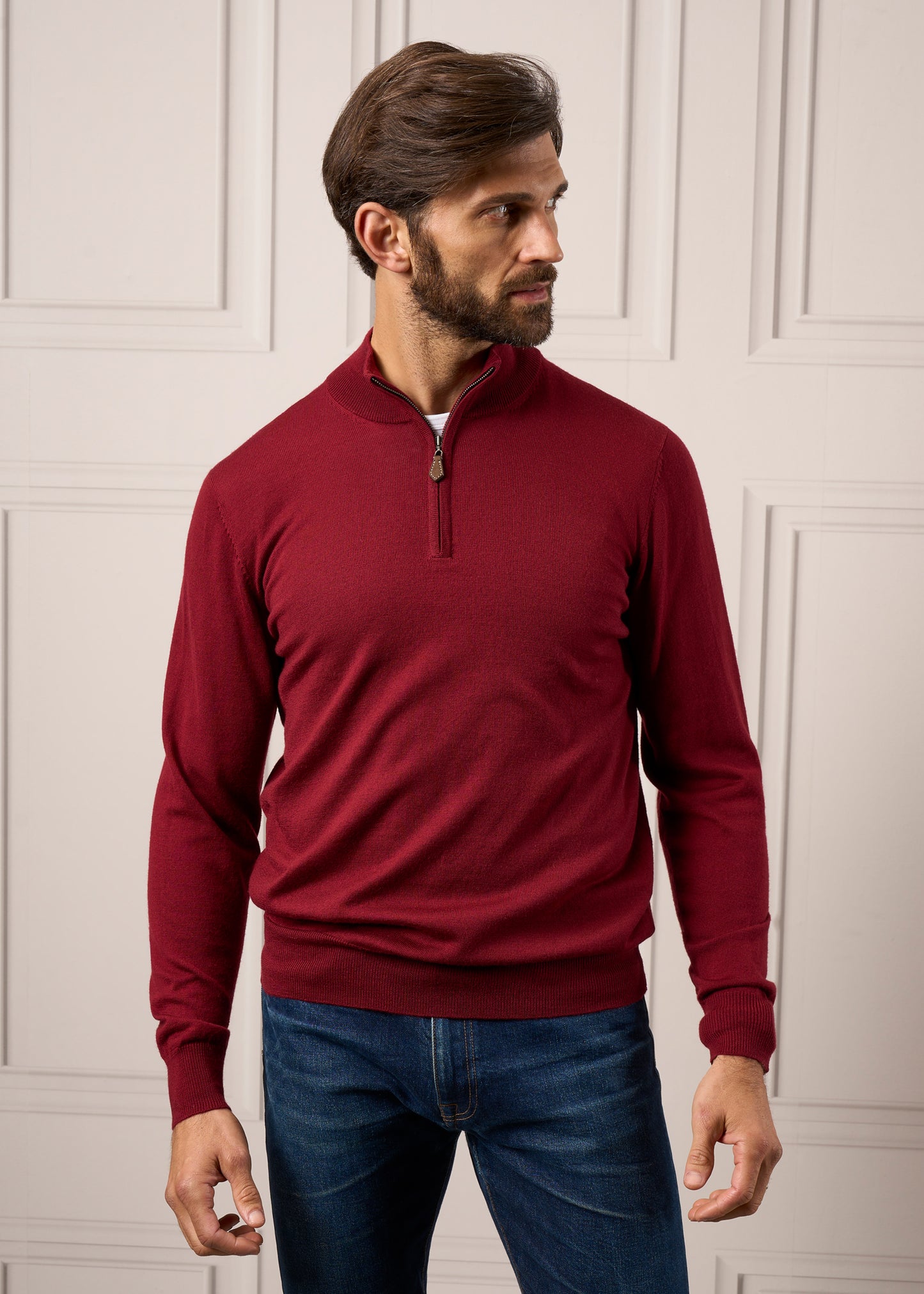 Barton Merino Wool 1/4 Zip Mock Jumper i Bordeaux - Normal passform
