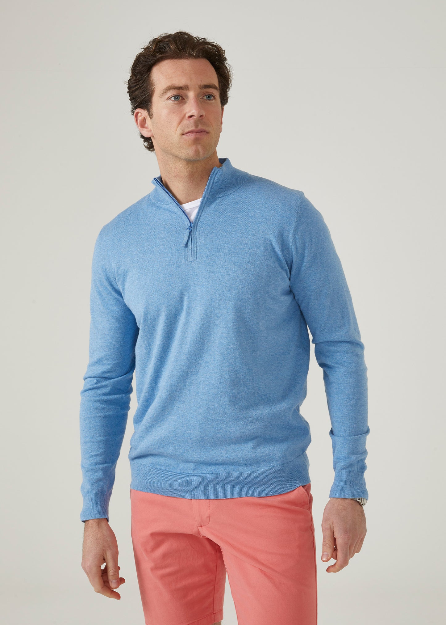 Luxury cotton zip mock neck jumper in carolina blue.