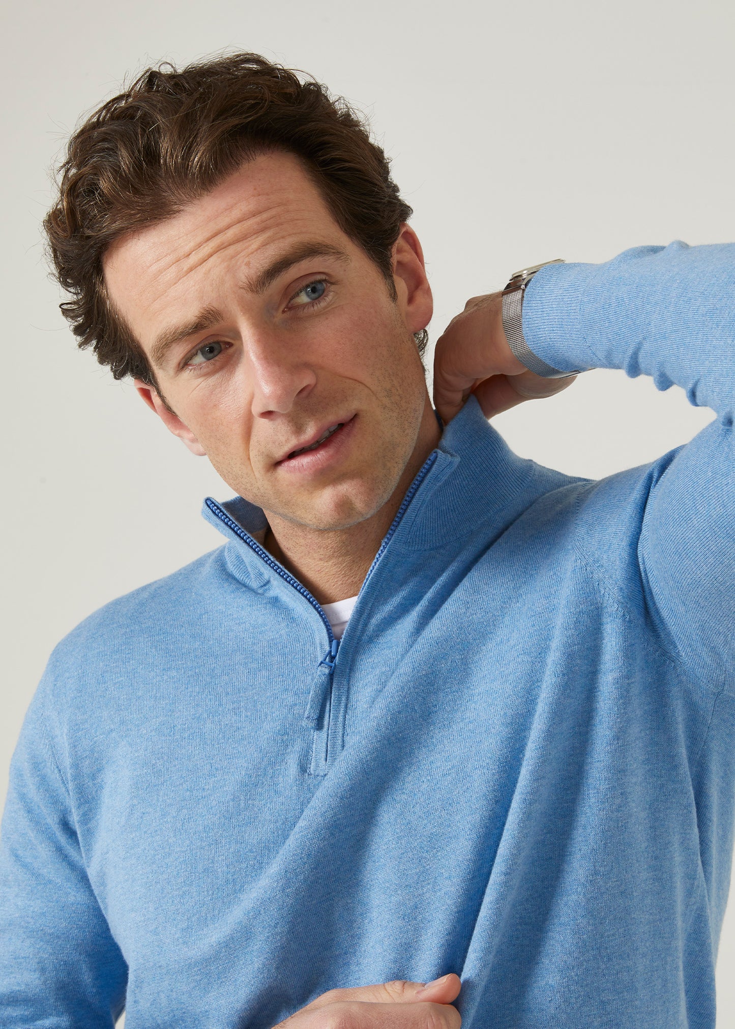 Luxury cotton zip mock neck jumper in carolina blue.