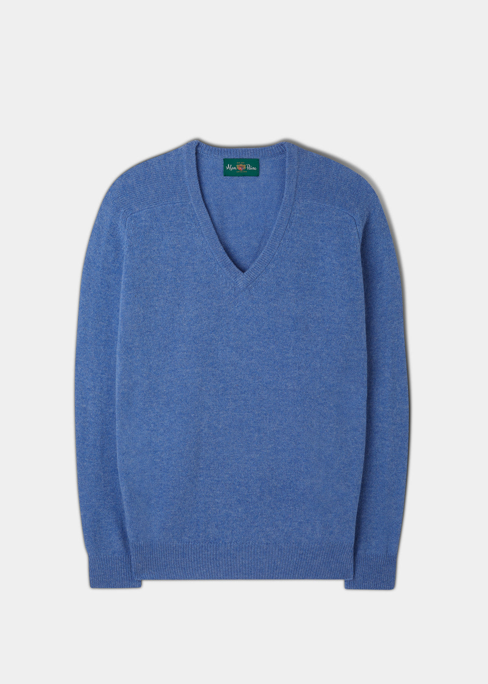 Hampshire Lambswool Vee Neck Jumper in Blue Velvet, classic fit, with ribbed cuffs, shown flat on white background.