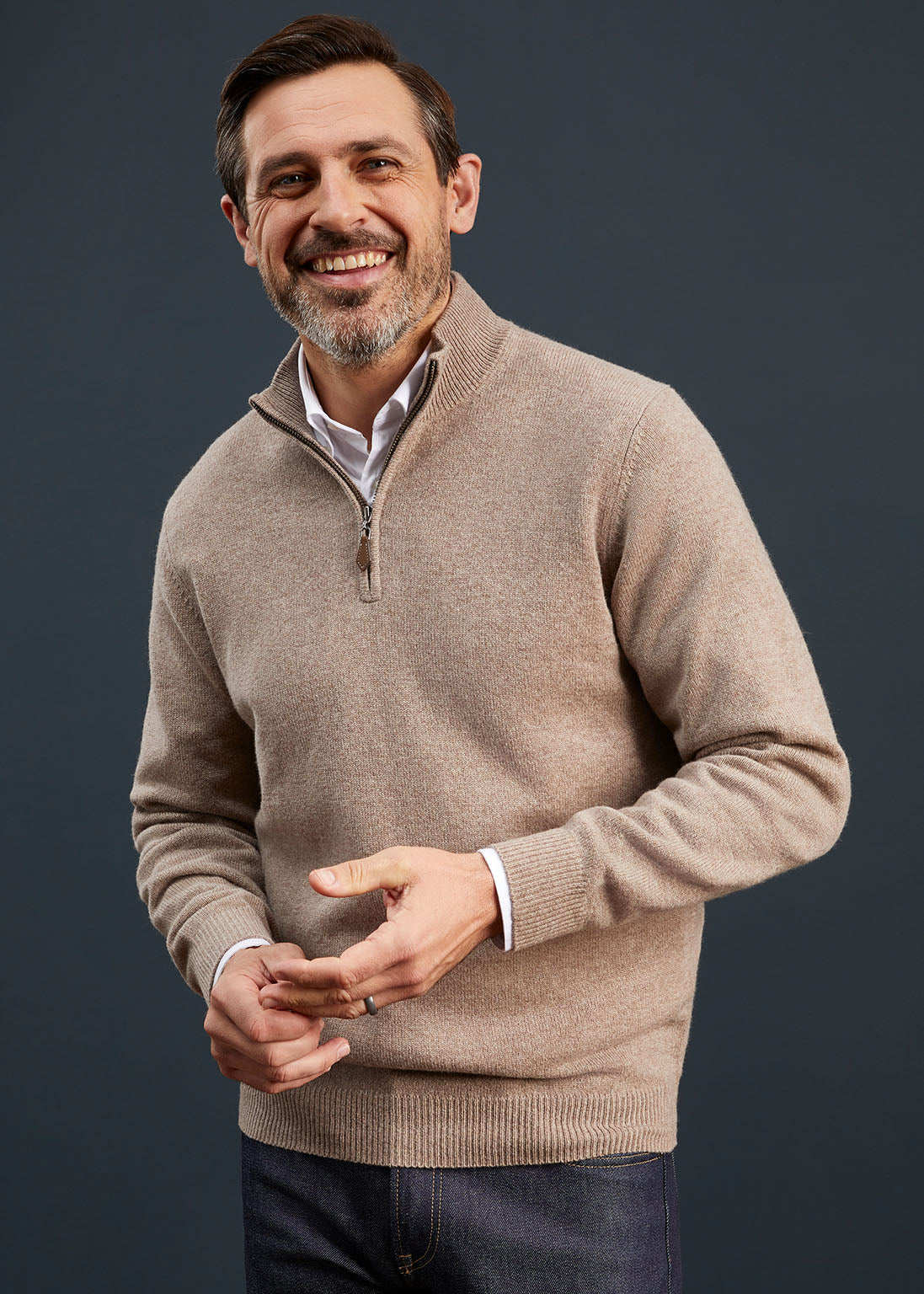 Men's Lambswool 1/4 Zip Jumper in Mushroom 