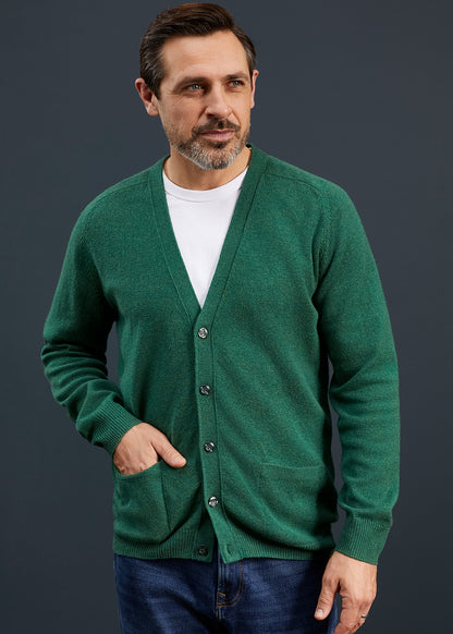 Men's Lambswool Cardigan in Forest 