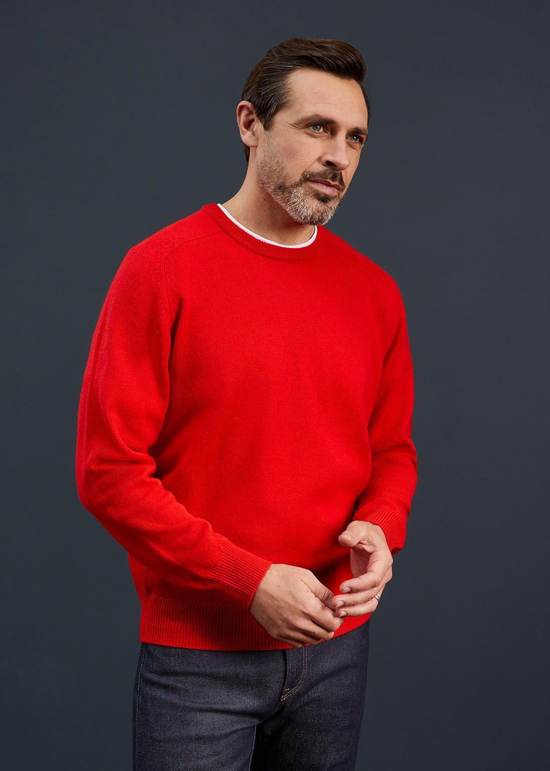 Men's Lambswool Crew Neck Jumper in Tartan Scarlet