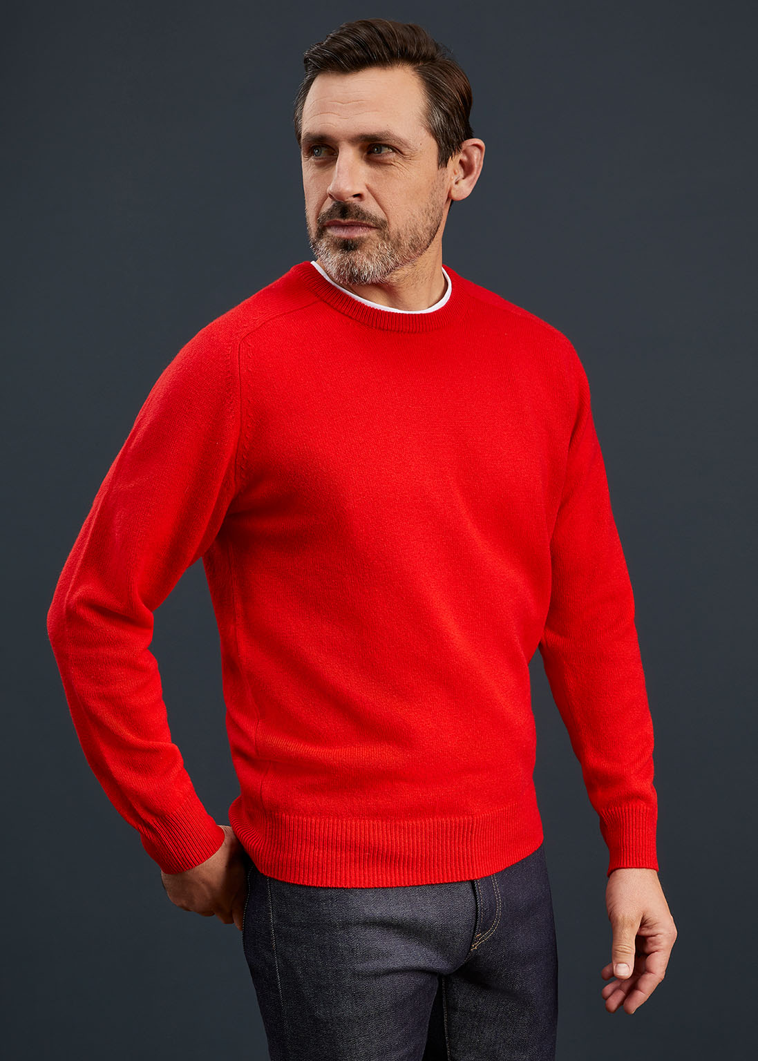 Men's Lambswool Crew Neck Jumper in Tartan Scarlet