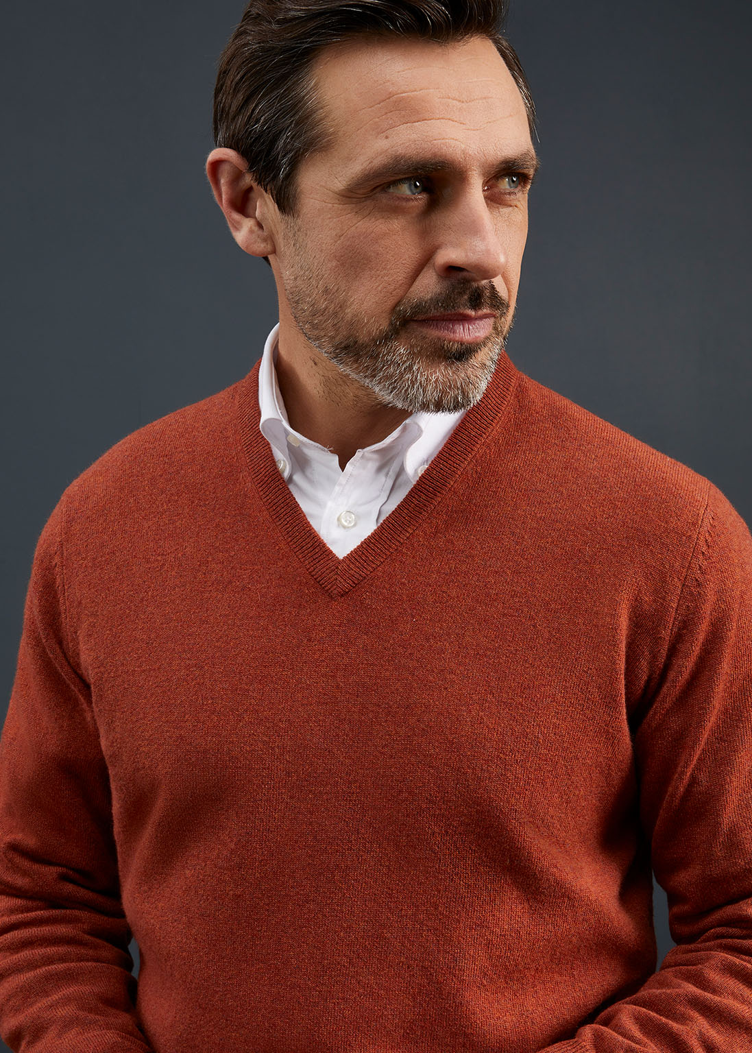 Men's Geelong Lambswool Vee Neck Jumper in Tiger