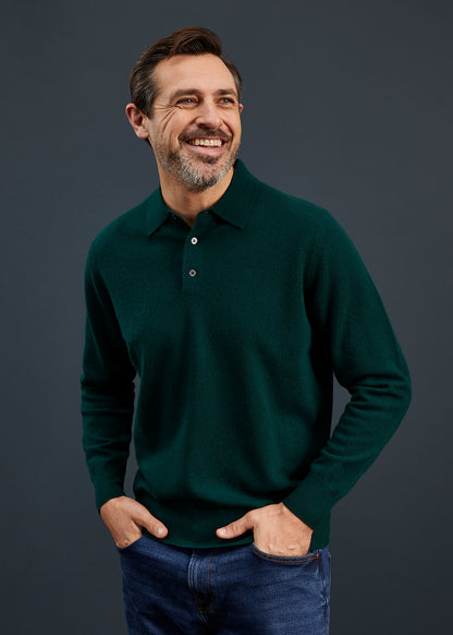 Men's Geelong Lambswool Long Sleeve Polo Shirt in Dark Olive