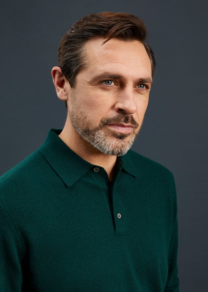 Men's Geelong Lambswool Long Sleeve Polo Shirt in Dark Olive