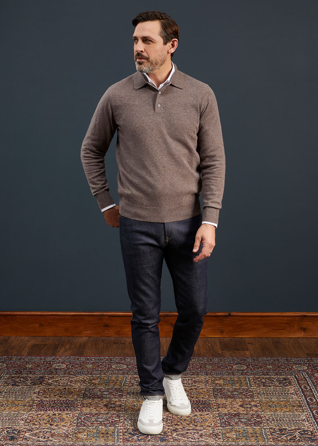 Men's Geelong Lambswool Long Sleeve Polo Shirt in Tobacco