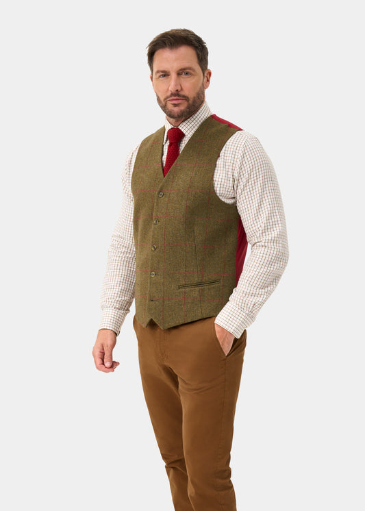Combrook Men's Tweed Water Repellent Lined-Back Waistcoat in Sage  -  Regular Fit