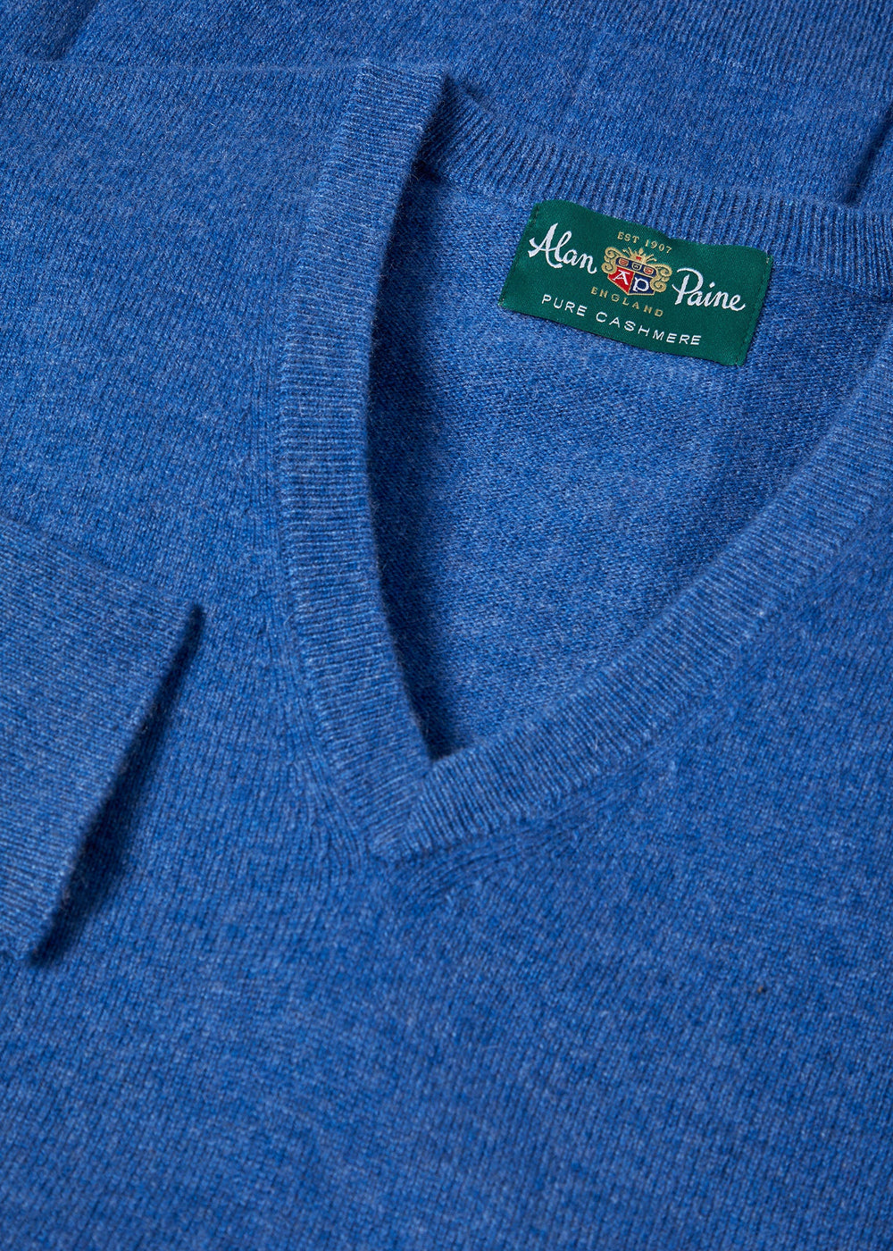 Haddington Pure Cashmere V-Neck Jumper in Denim—Regular Fit, a luxury essential for any men’s cashmere collection.