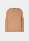 Hampshire Lambswool Vee Neck Jumper in Camel, classic fit, shown flat on a plain white background.
