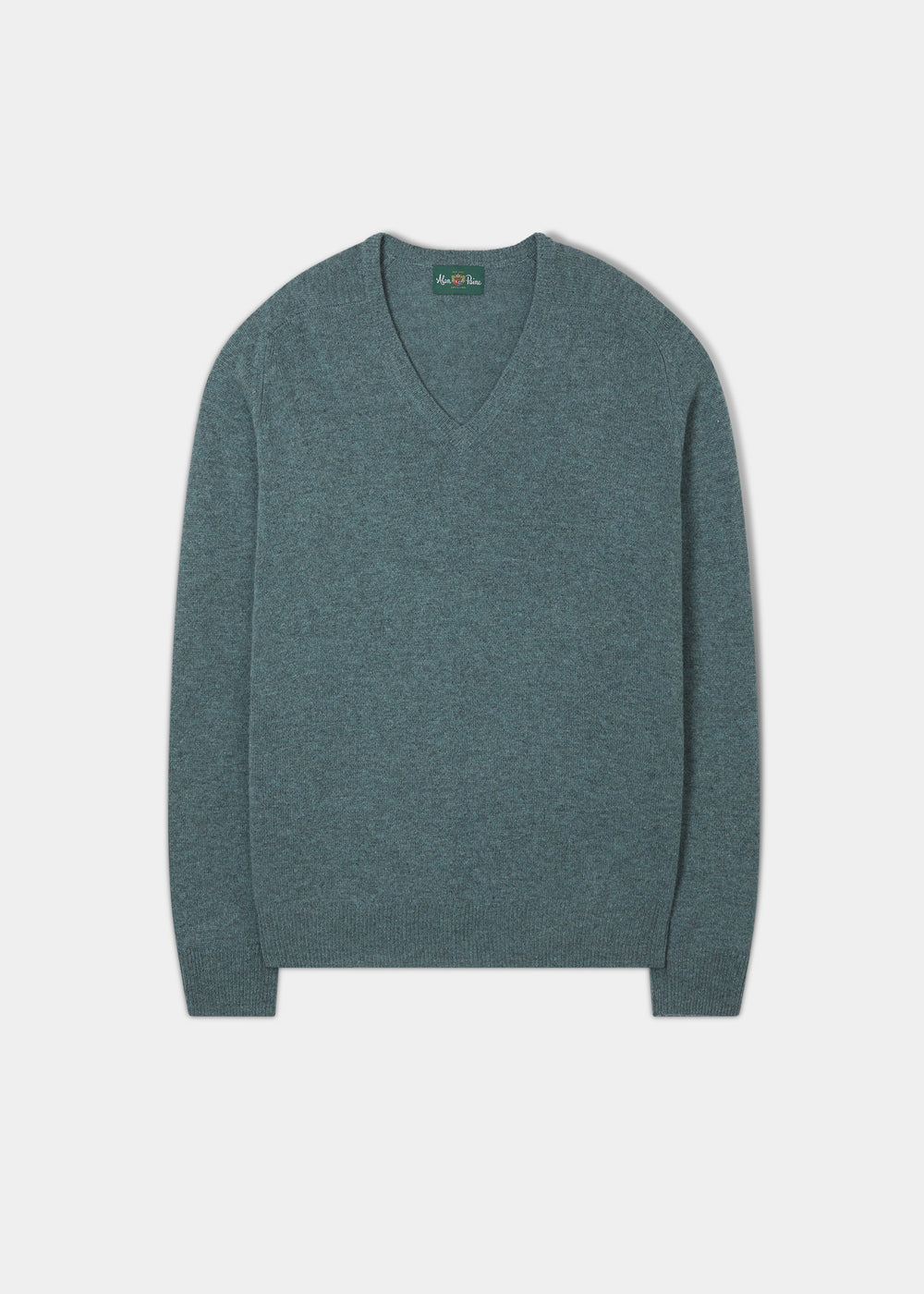Hampshire Lambswool Vee Neck Jumper in Caspian shown flat; classic fit with saddle shoulder, teal blue shade.