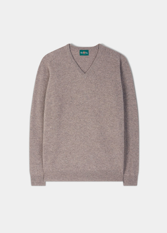 Kilsyth Lambswool Vee Neck Jumper in Vole, regular fit, long sleeves, laid flat on a white background.