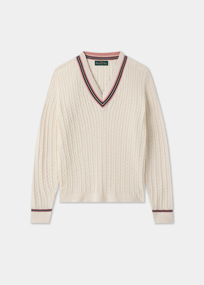 Ladies Cotton Cable Knit Cricket Jumper in White