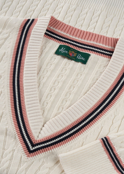 Ladies Cotton Cable Knit Cricket Jumper in White