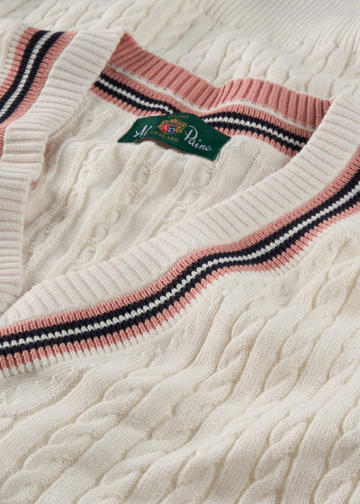 Ladies Cotton Cable Knit Cricket Jumper in White