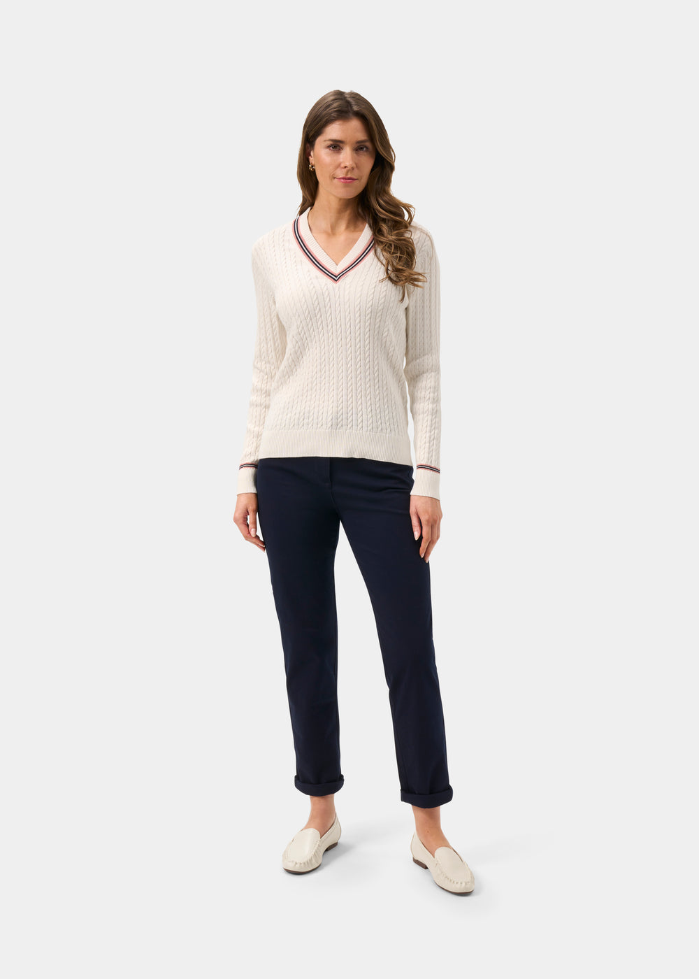 Ladies Cotton Cable Knit Cricket Jumper in White