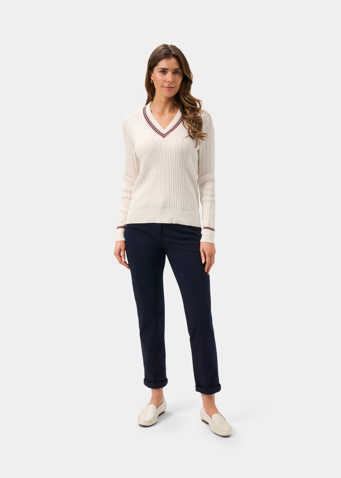 Ladies Cotton Cable Knit Cricket Jumper in White