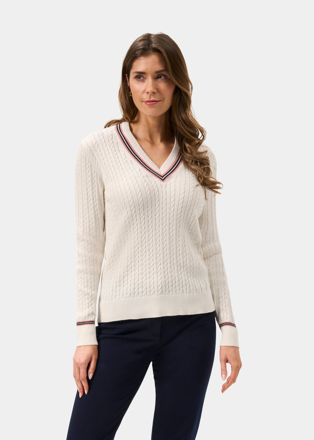 Ladies Cotton Cable Knit Cricket Jumper in White