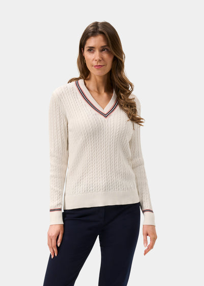 Ladies Cotton Cable Knit Cricket Jumper in White