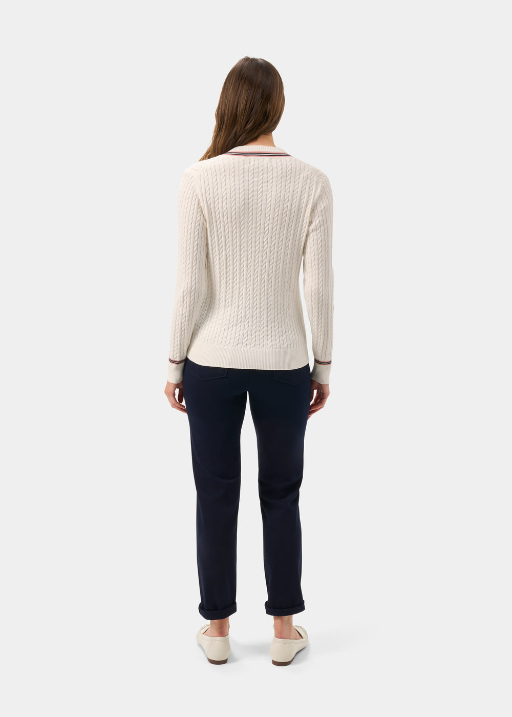 Ladies Cotton Cable Knit Cricket Jumper in White