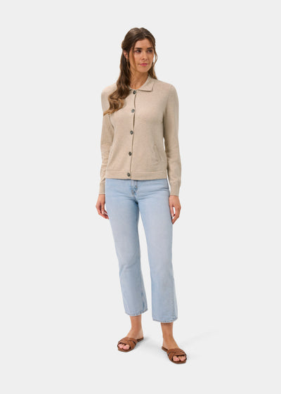 Ladies Cotton Cashmere Collared Cardigan in Beige