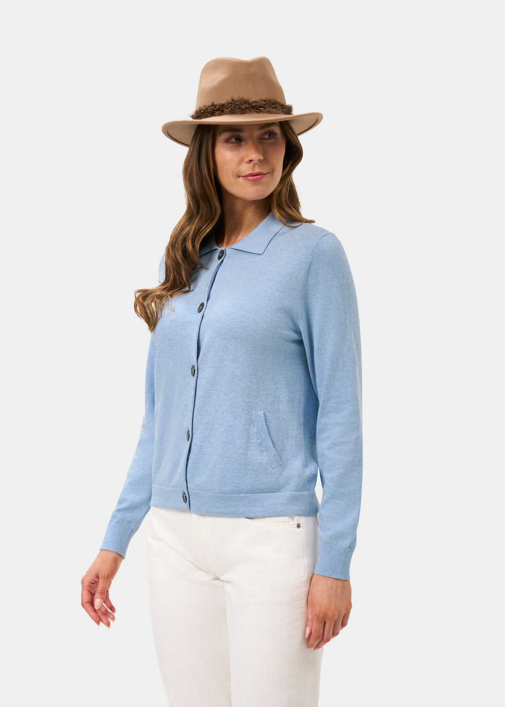 Ladies Cotton Cashmere Collared Cardigan in Light Blue