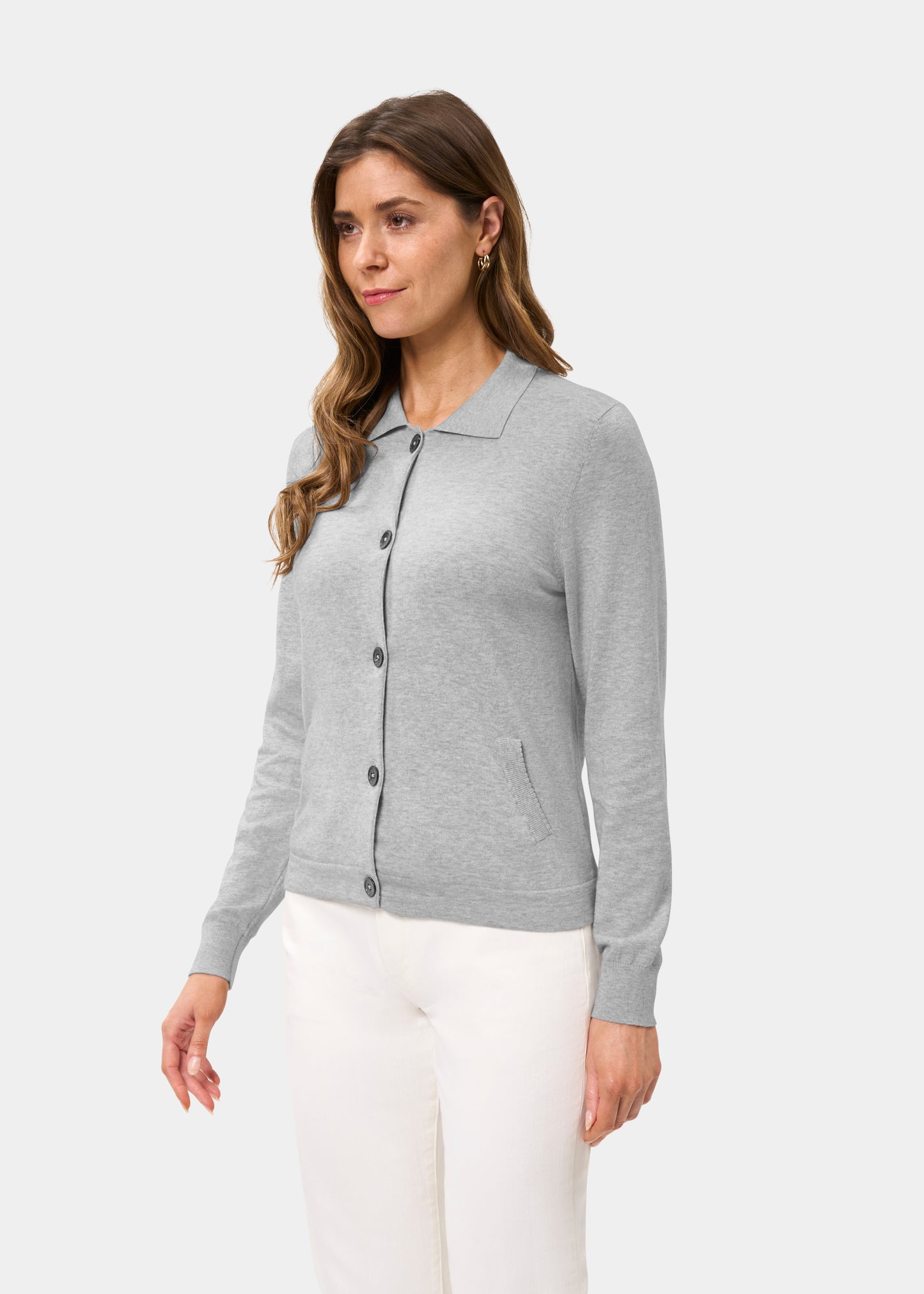 Ladies Cotton Cashmere Collared Cardigan in Light Grey