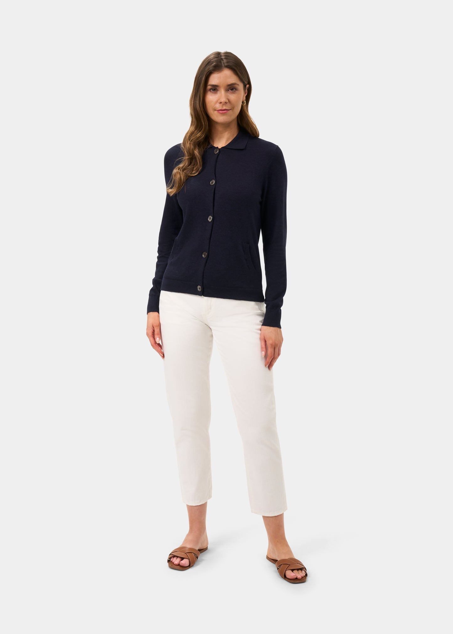 Ladies Cotton Cashmere Collared Cardigan in Navy