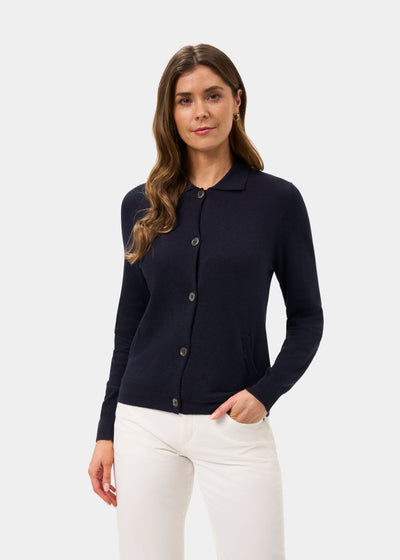 Ladies Cotton Cashmere Collared Cardigan in Navy