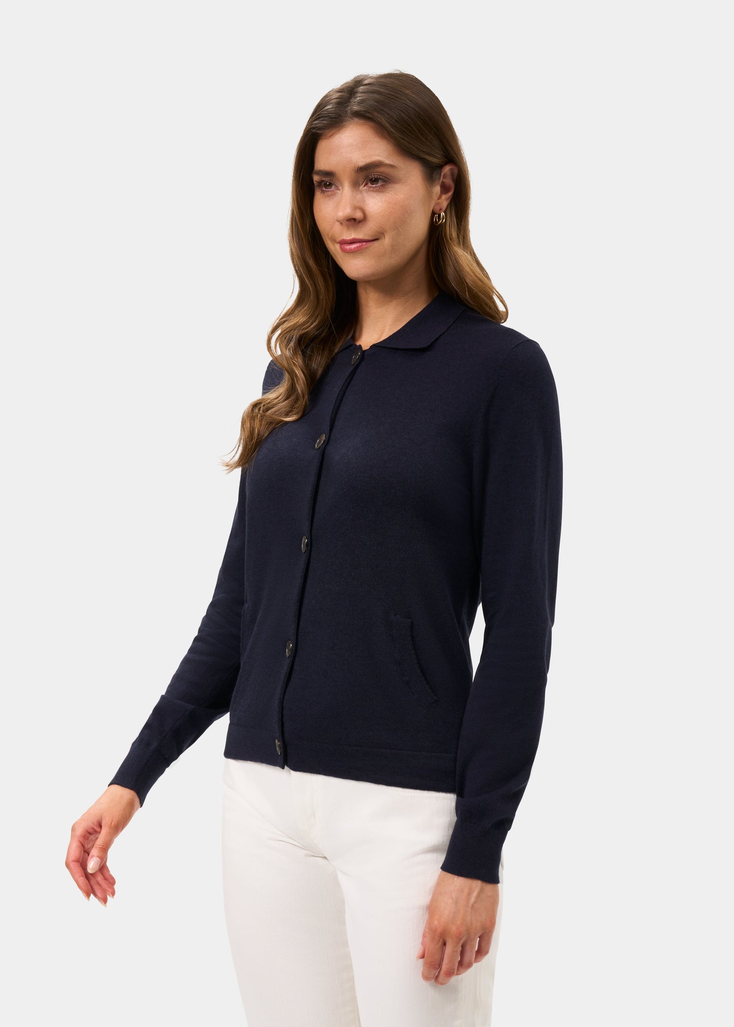 Ladies Cotton Cashmere Collared Cardigan in Navy