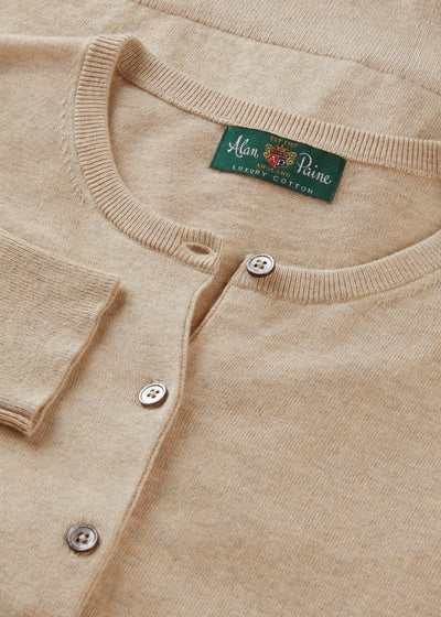 Ladies Cotton Cashmere Crew Neck Cardigan in Beige
