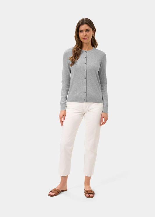 Ladies Cotton Cashmere Crew Neck Cardigan in Light Grey
