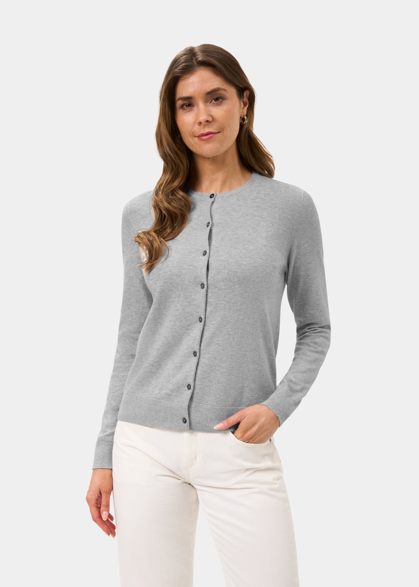 Ladies Cotton Cashmere Crew Neck Cardigan in Light Grey