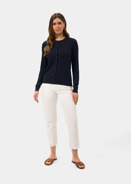 Ladies Cotton Cashmere Crew Neck Cardigan in Navy