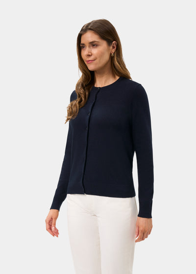 Ladies Cotton Cashmere Crew Neck Cardigan in Navy