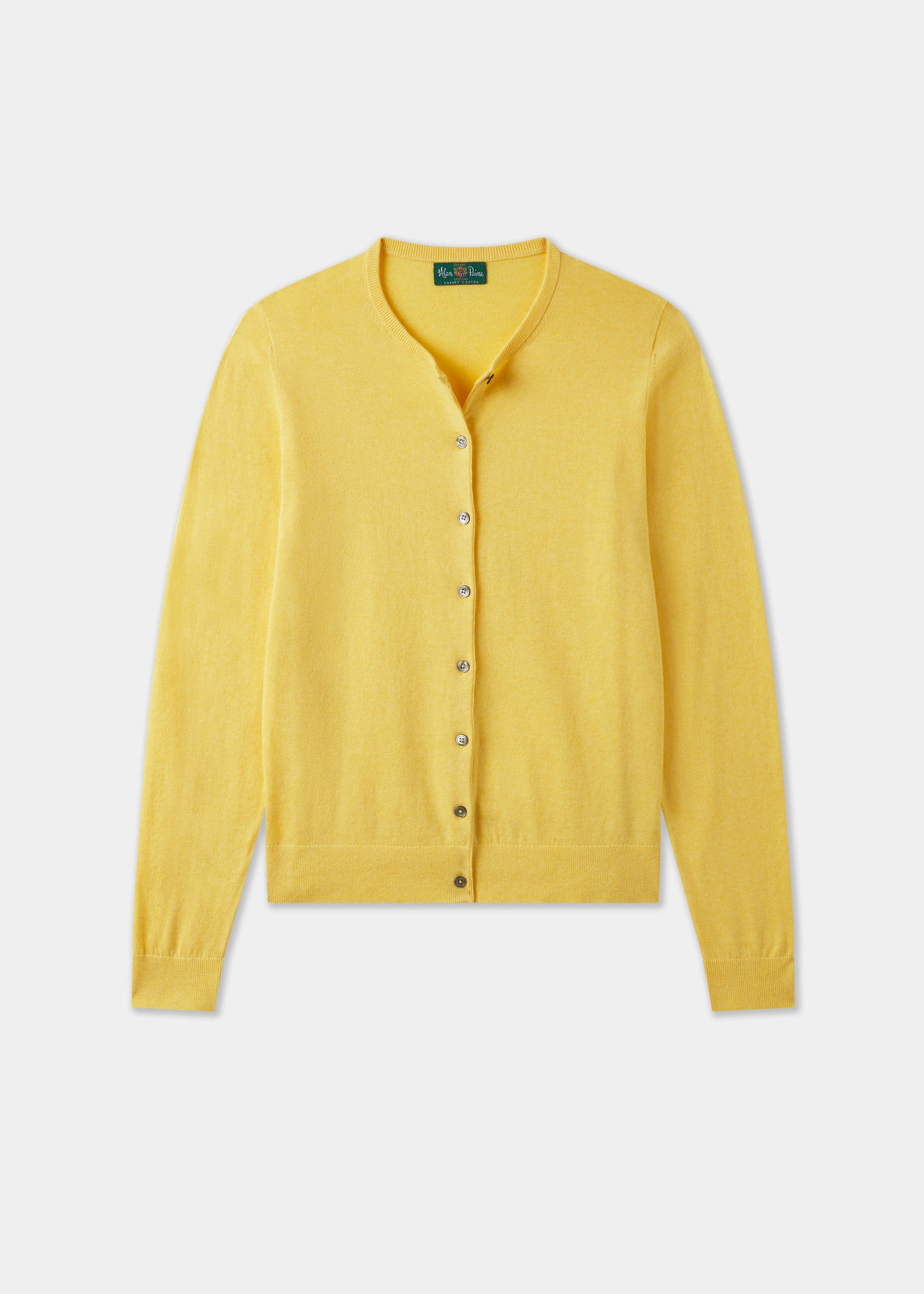Ladies Cotton Cashmere Crew Neck Cardigan in Yellow