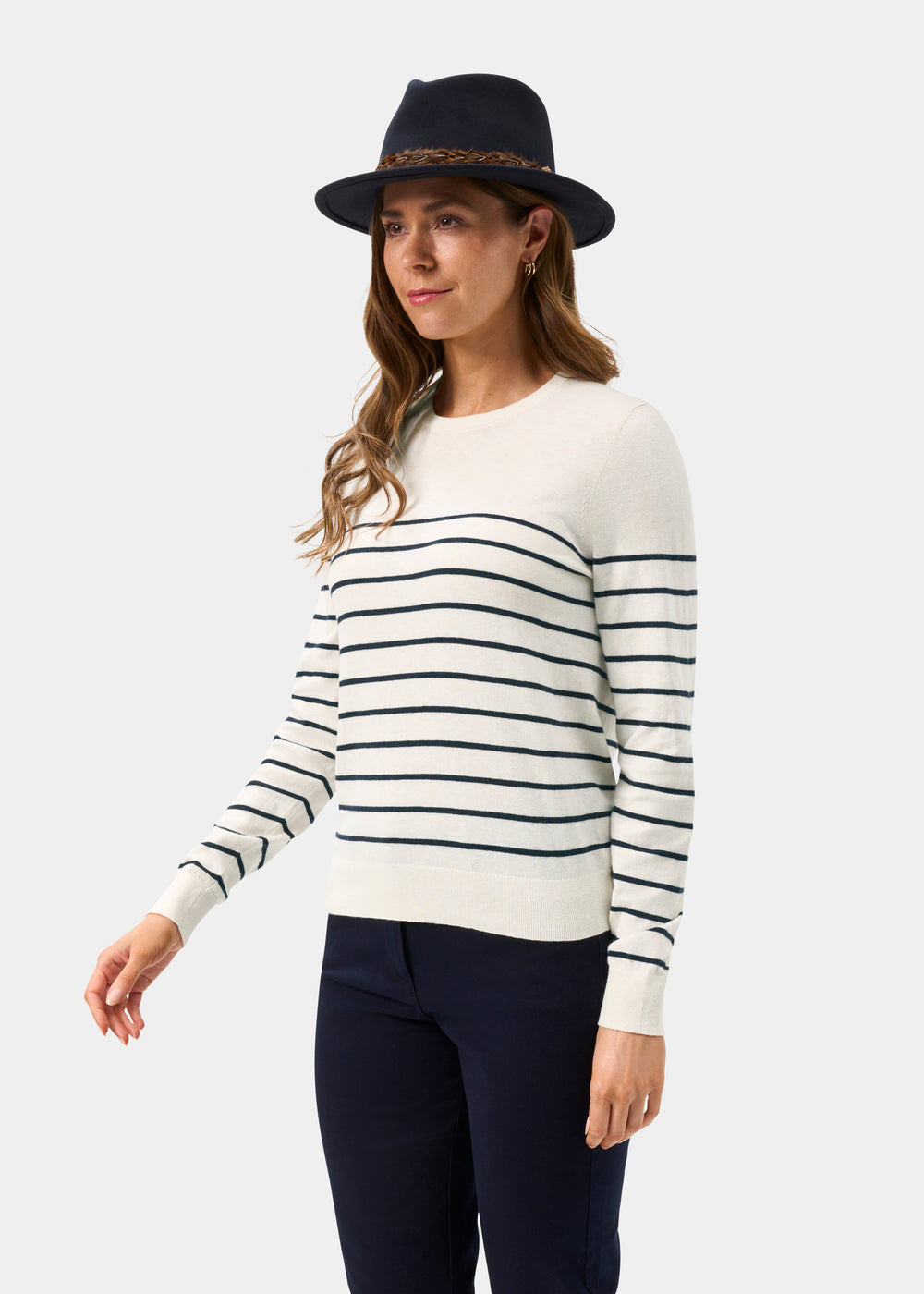 Ladies Cotton Cashmere Crew Neck Jumper in Cream and Brown