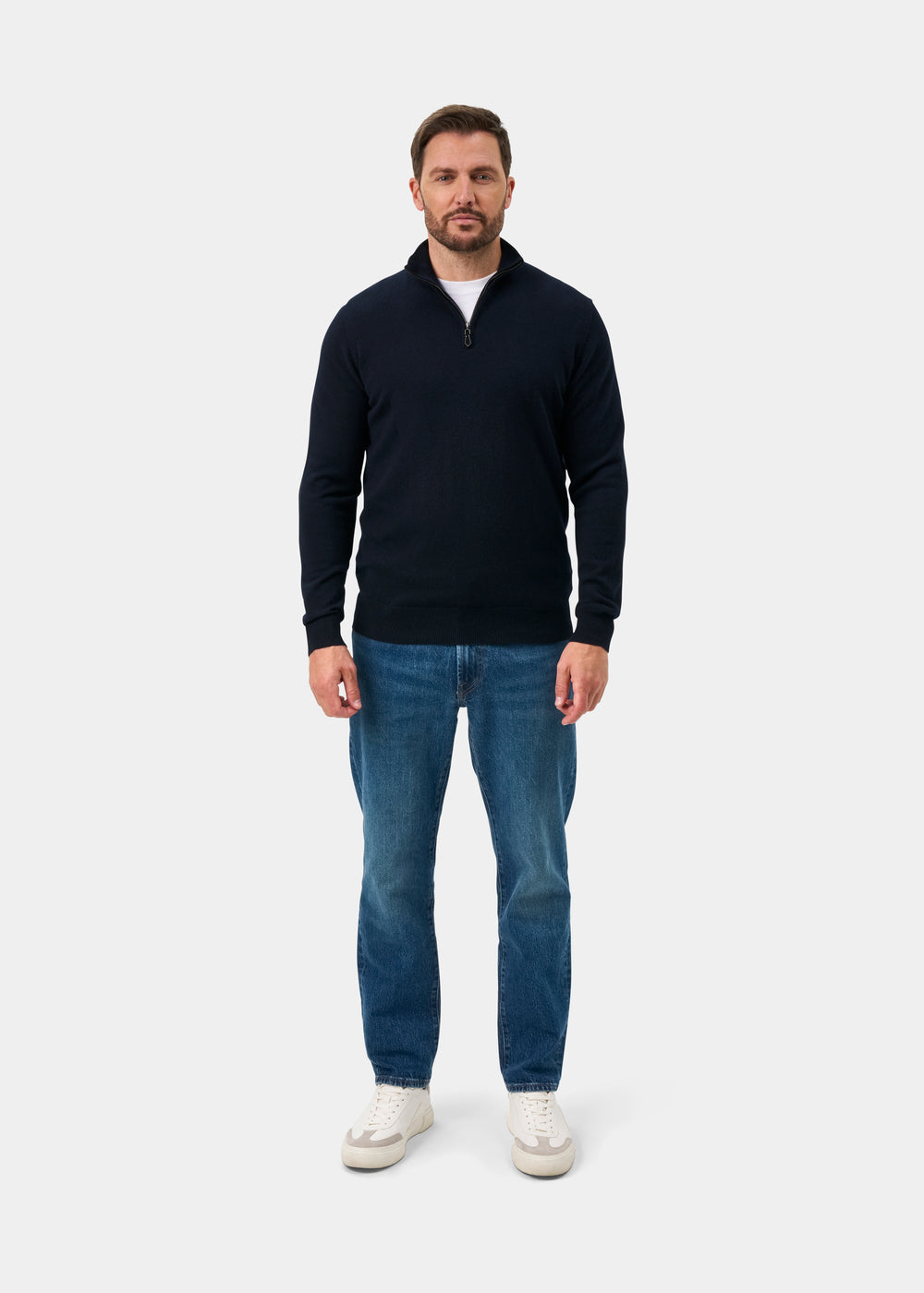 Hanbury Cashmere Zipped Mock Neck Jumper in Dark Navy - Regular Fit
