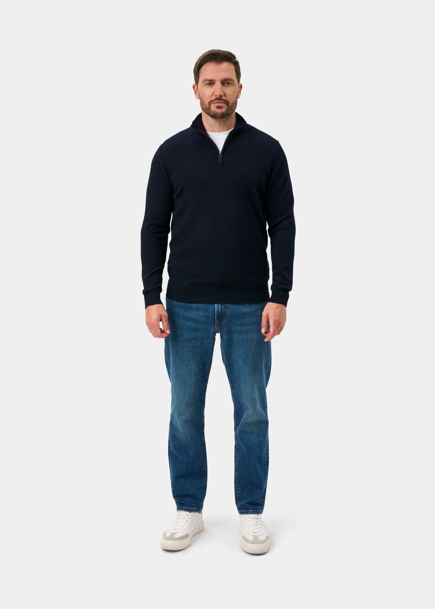 Hanbury Cashmere Zipped Mock Neck Jumper in Dark Navy - Regular Fit