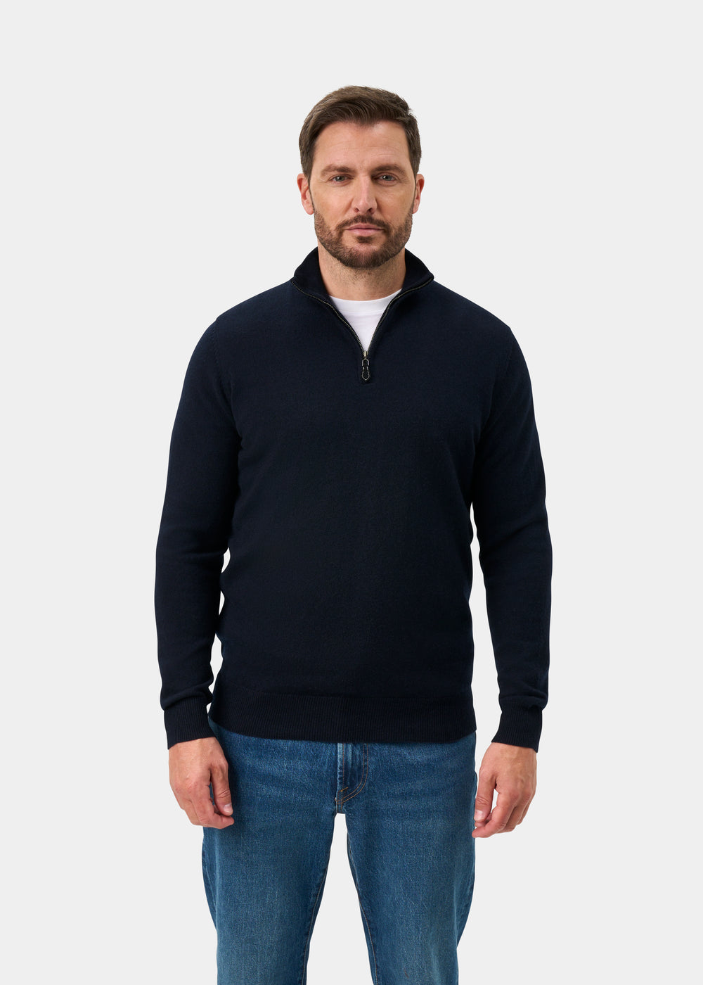 Hanbury Cashmere Zipped Mock Neck Jumper in Dark Navy - Regular Fit