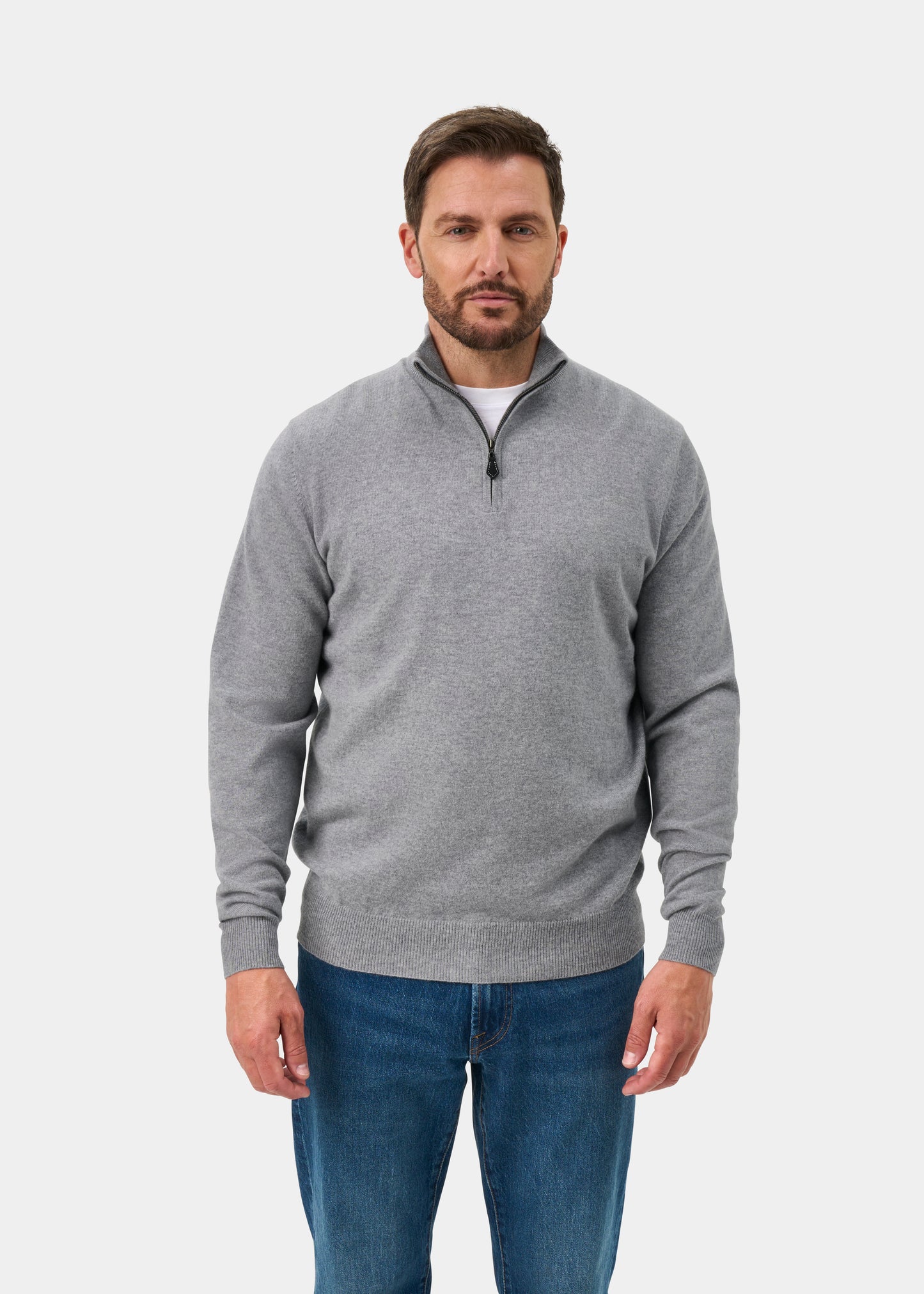 Hanbury Cashmere Zipped Mock Neck Jumper in Light Grey Mix - Regular Fit