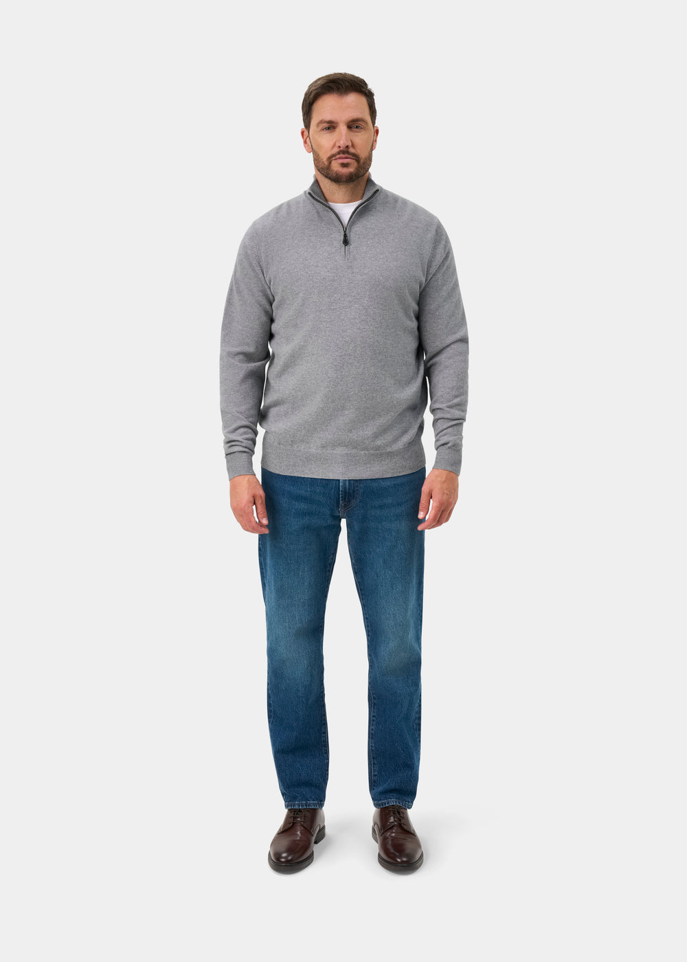 Hanbury Cashmere Zipped Mock Neck Jumper in Light Grey Mix - Regular Fit