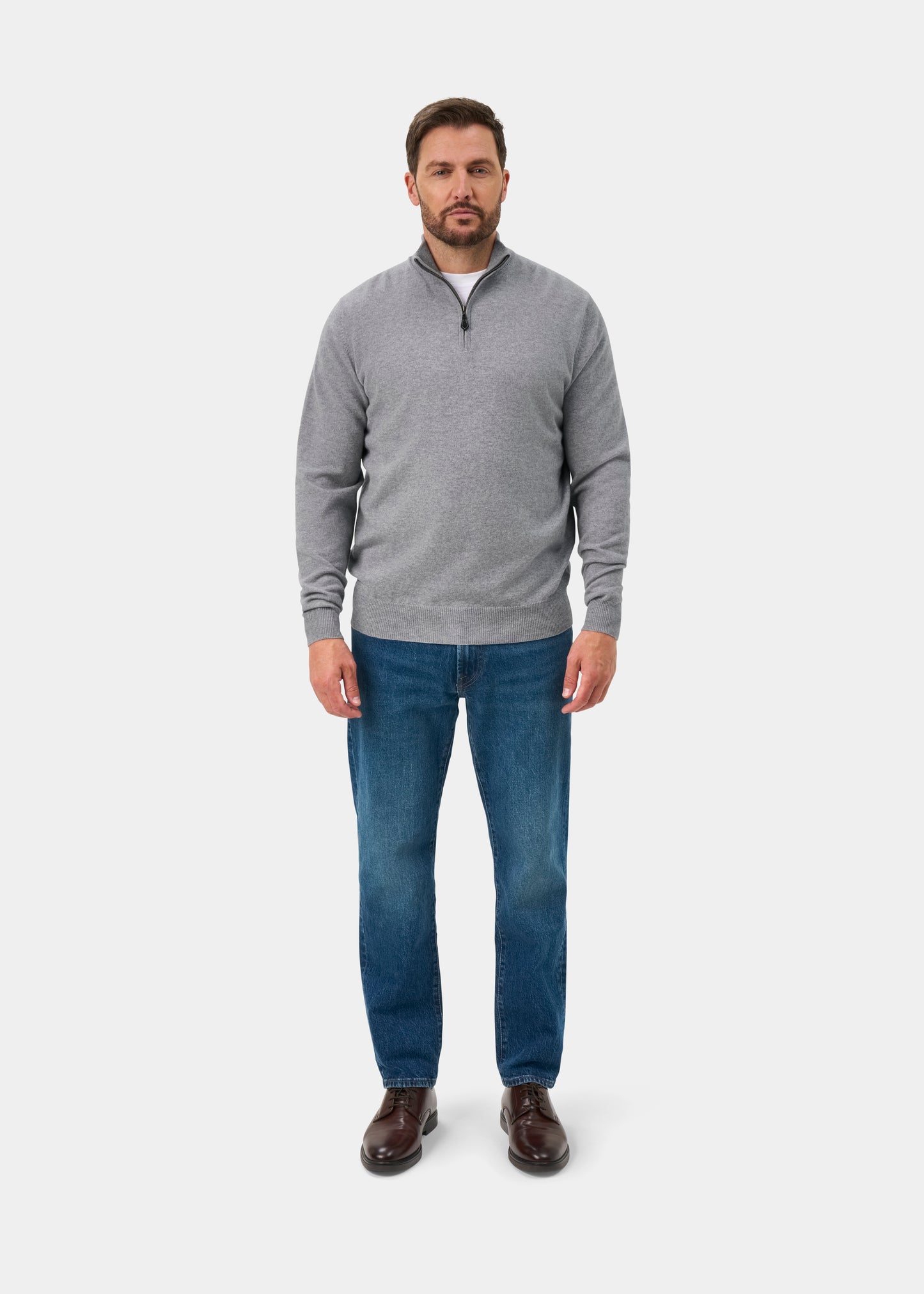 Hanbury Cashmere Zipped Mock Neck Jumper in Light Grey Mix - Regular Fit